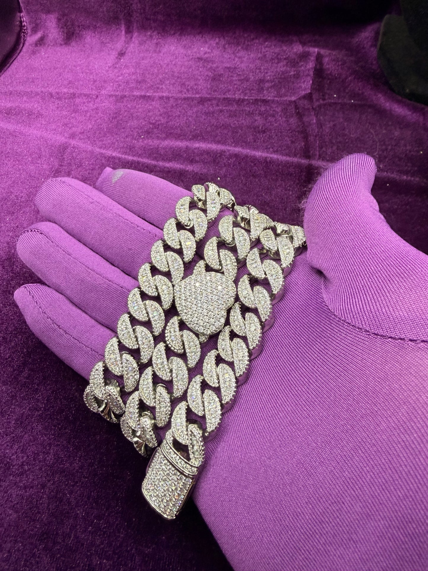 Silver Heart Baguette Cuban Link Chain