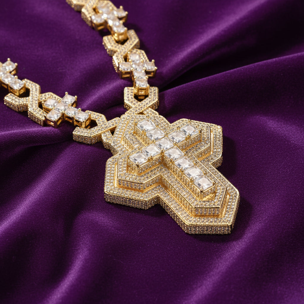 Iced Out Princess Cut Cross Link Pendant Chain