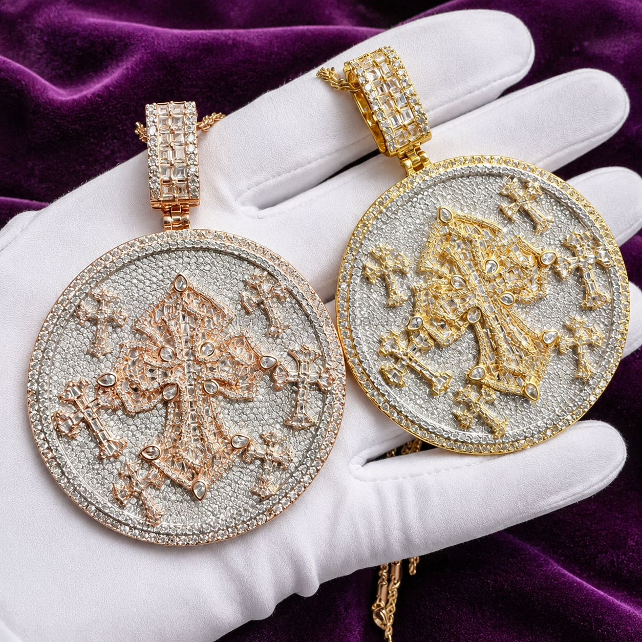 Multi-Cross Iced Out Circle Pendant