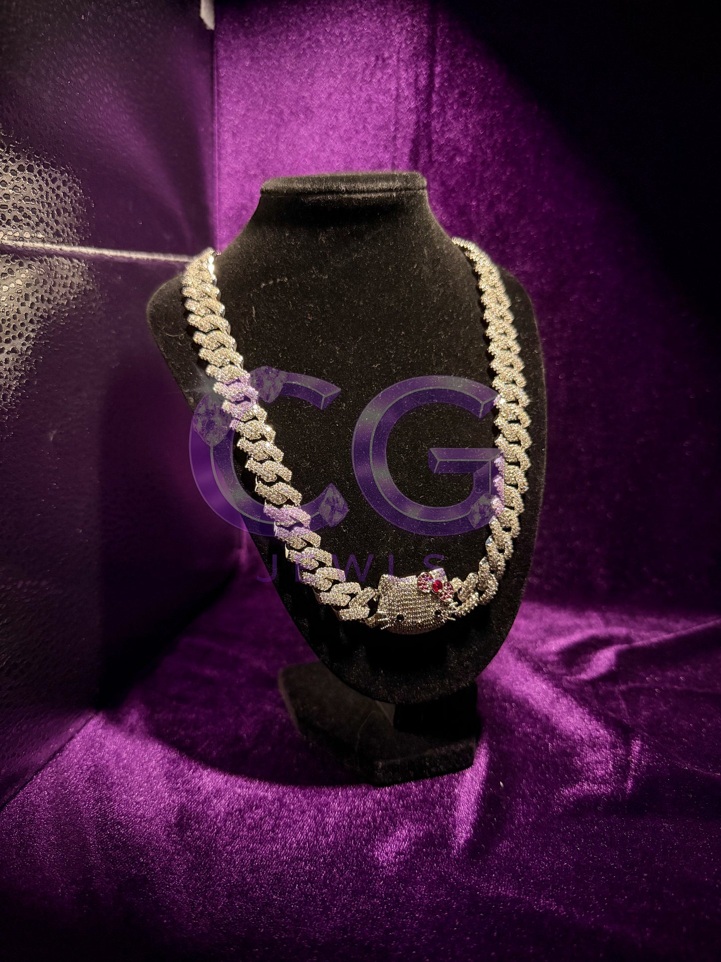 Silver Hello Kitty Iced Out Cuban Link Chain