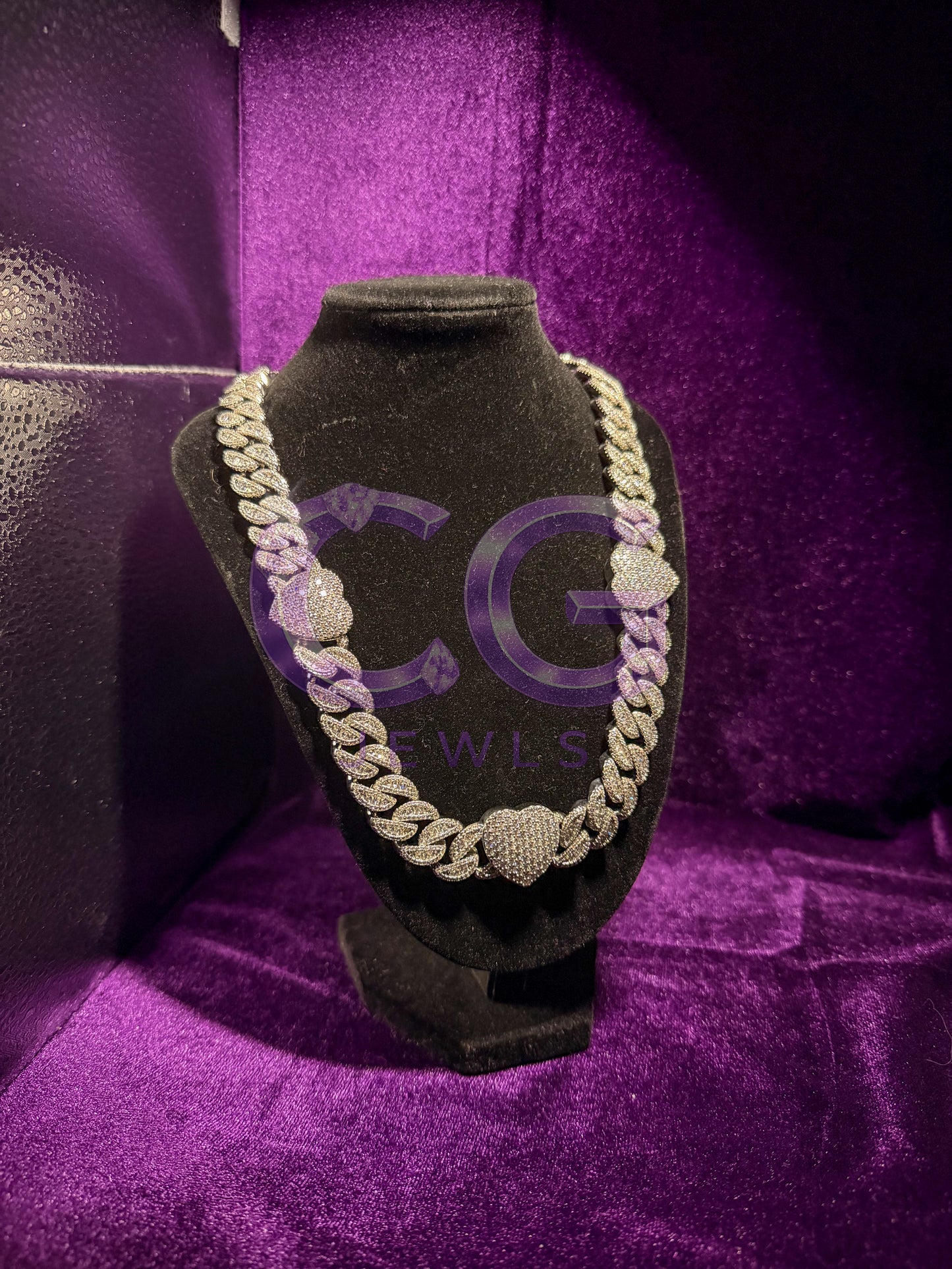 Silver Heart Baguette Cuban Link Chain