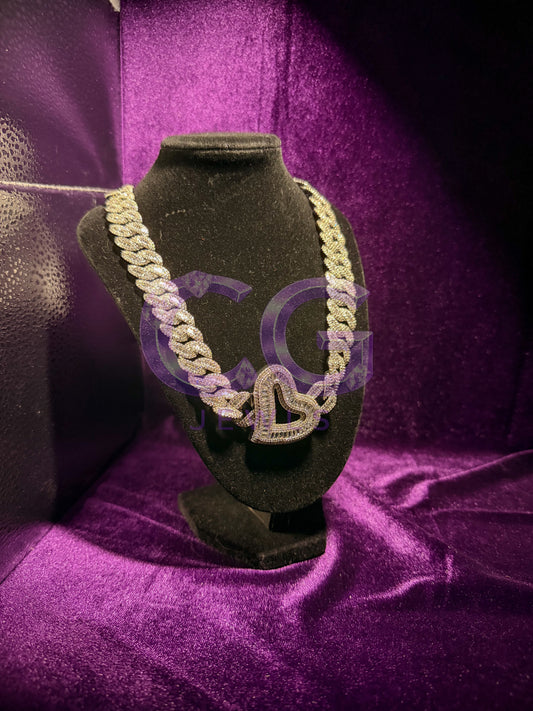 Silver Inlaid Baguette Cuban Link Heart Necklace