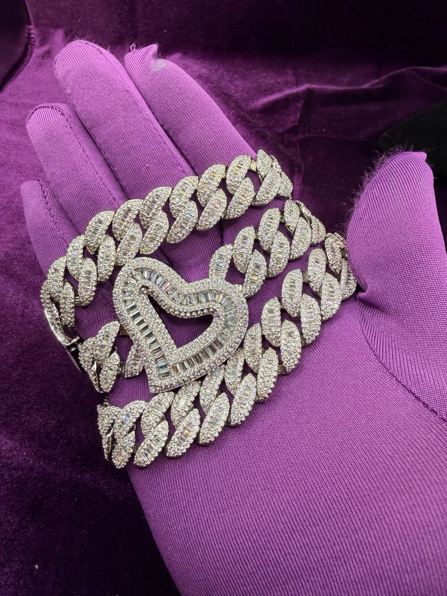 Silver Inlaid Baguette Cuban Link Heart Necklace