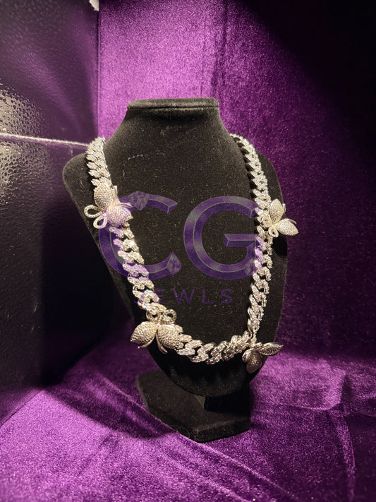 Silver Raised Butterfly Cuban Link Chain