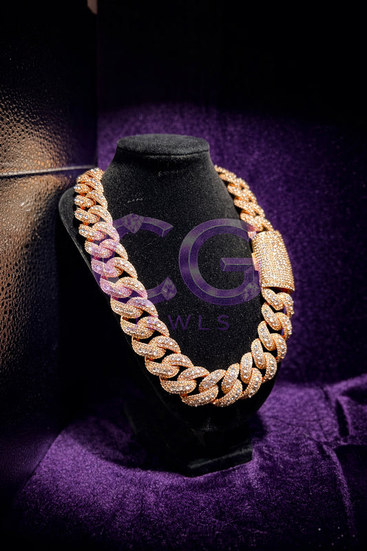 23MM Rose Gold Rasied Set Cuban Link Necklace