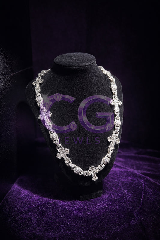 Silver Iced Out Cross Ball Link Necklace