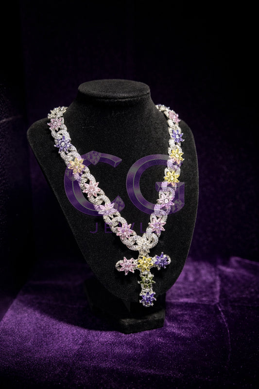 Silver Iced out multicolor flower link