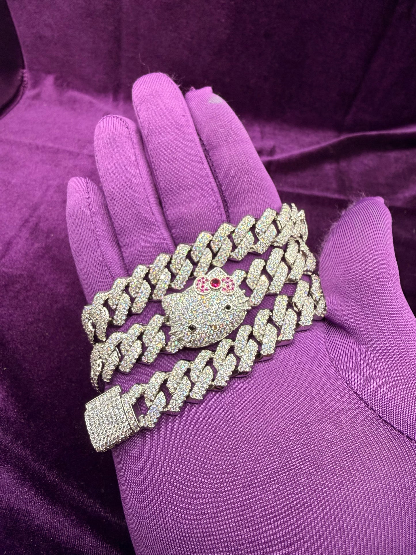Silver Hello Kitty Iced Out Cuban Link Chain