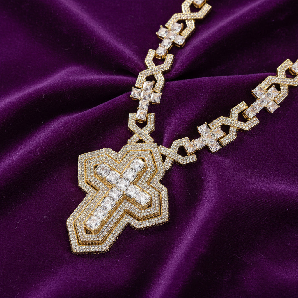 Iced Out Princess Cut Cross Link Pendant Chain
