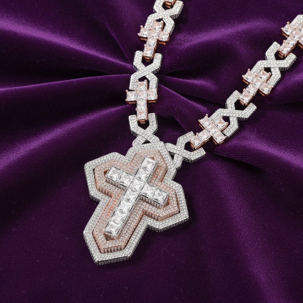 Iced Out Princess Cut Cross Link Pendant Chain