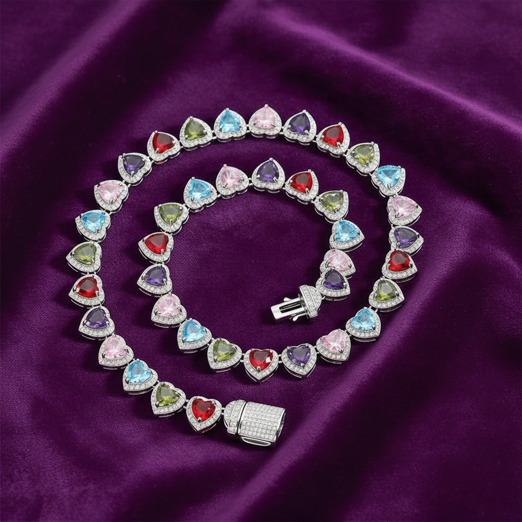 Iced Out Multicolor Heart Shaped Tennis Neckalce
