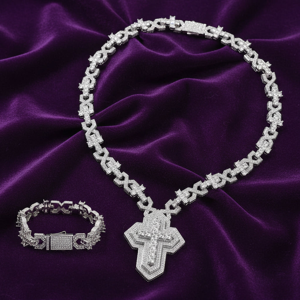 Iced Out Princess Cut Cross Link Pendant Chain