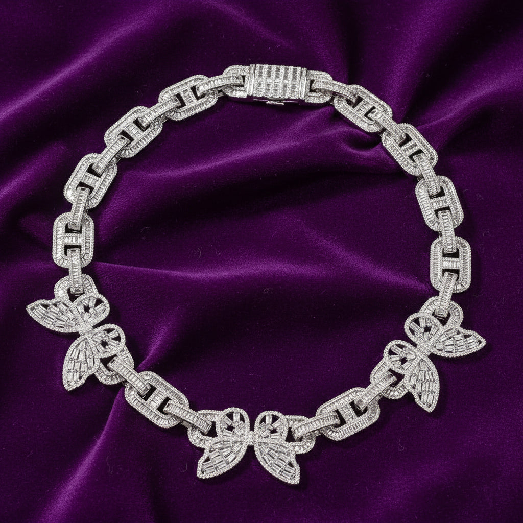 Iced out Mosaic Butterfly Coffee Bean Link Necklace